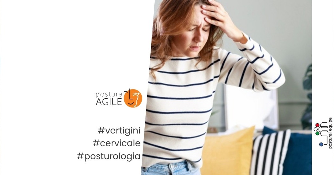 Donna con vertigini e giramenti di testa si tiene la testa - copertina Postura Agile